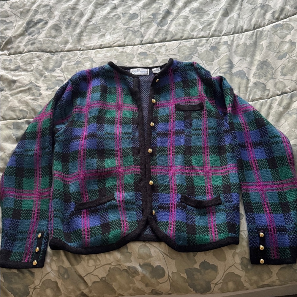 Plaid Cardigan with Gold Buttons